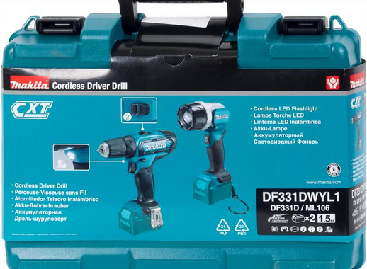 Аккумуляторная дрель-шуруповерт Makita DF331DWYL1 12В Li-ion, 2х1.5 Ач, с фонарём